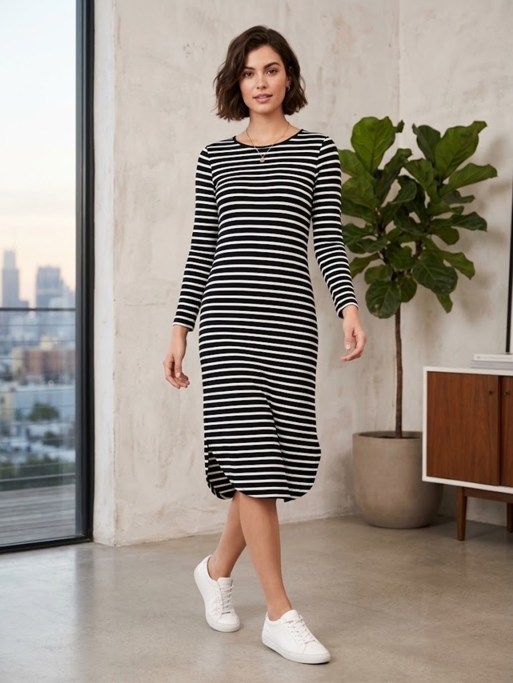 Chico's Black & White Striped Long-Sleeve Midi Dress